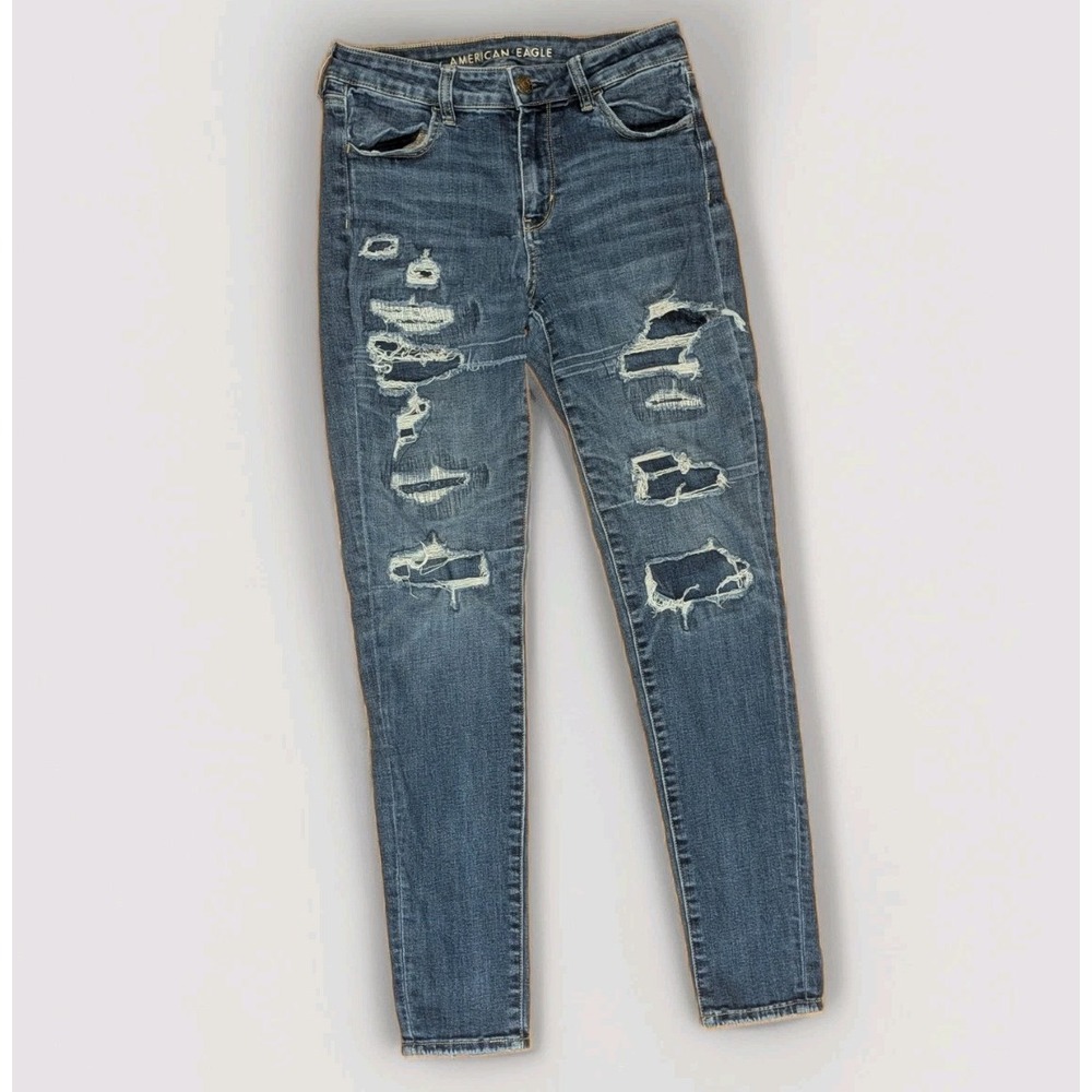 Y2K Distressed Ripped Skinny Jeans Medium Wash American Eagle 10 Long